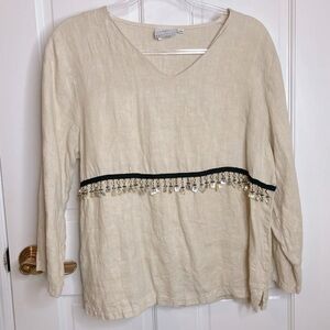 Hot Cotton by Marc Ware 100% Linen Beige Bohemian Shirt Beaded Fringe De…